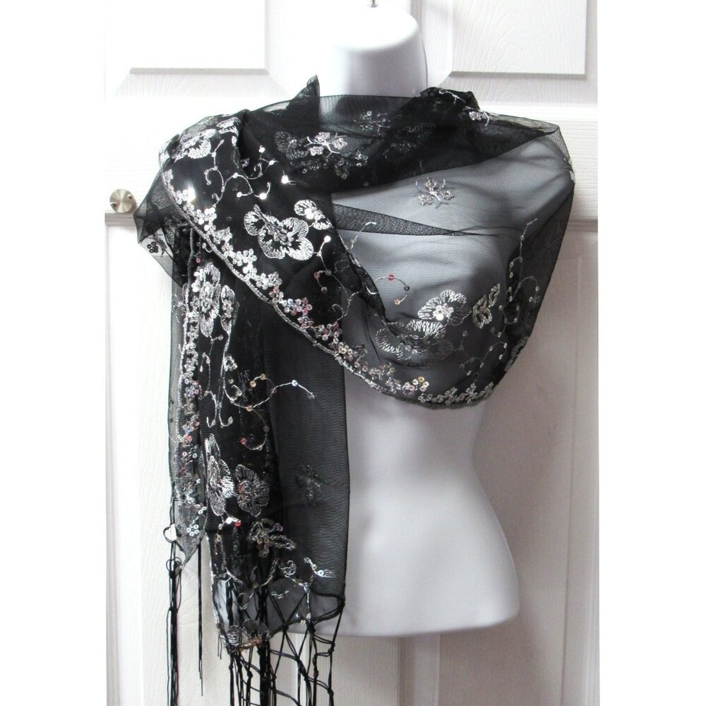 Black & Silver Sequin Shawl Wrap Sparkle Fringe Scarf Wedding Bridal Dressy